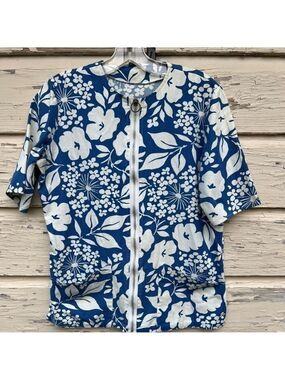 Vintage 60s 70s Ship N Shore Hawaiian Floral Full Zip Beachy Swimsuit Cover Top